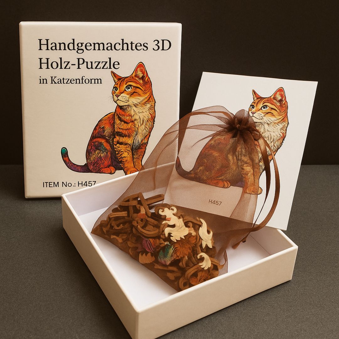 Handgemachtes 3D Holz-Puzzle in Katzenform