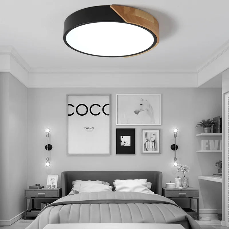 Runde LED Deckenlampe, minimalistisches Holz-Art-Design mit Acryl & Eisen
