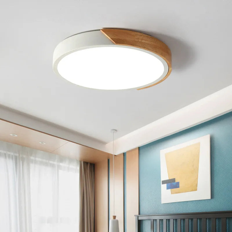Runde LED Deckenlampe, minimalistisches Holz-Art-Design mit Acryl & Eisen