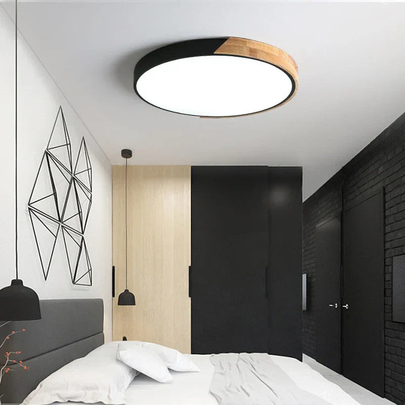 Runde LED Deckenlampe, minimalistisches Holz-Art-Design mit Acryl & Eisen