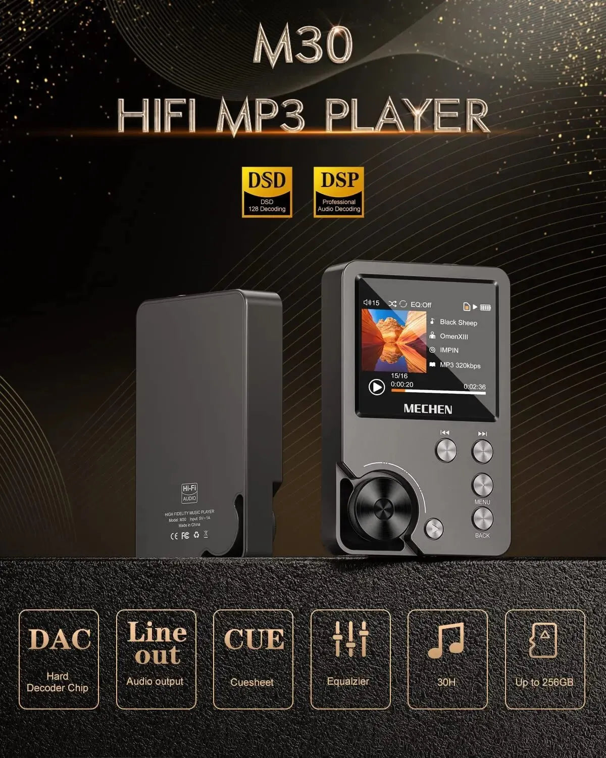 Loopstep | HiFi MP3 Player MECHEN-M30 – Premium verlustfreies Audio mit 64GB Speicherkarte, unterstützt bis zu 256GB
