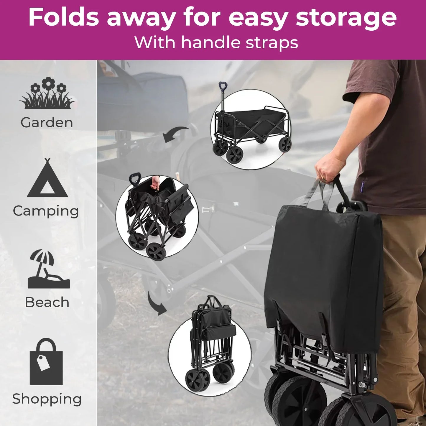 Faltbarer Gartenwagen, 150kg Traglast, Teleskopgriff, 360° Räder, Outdoor