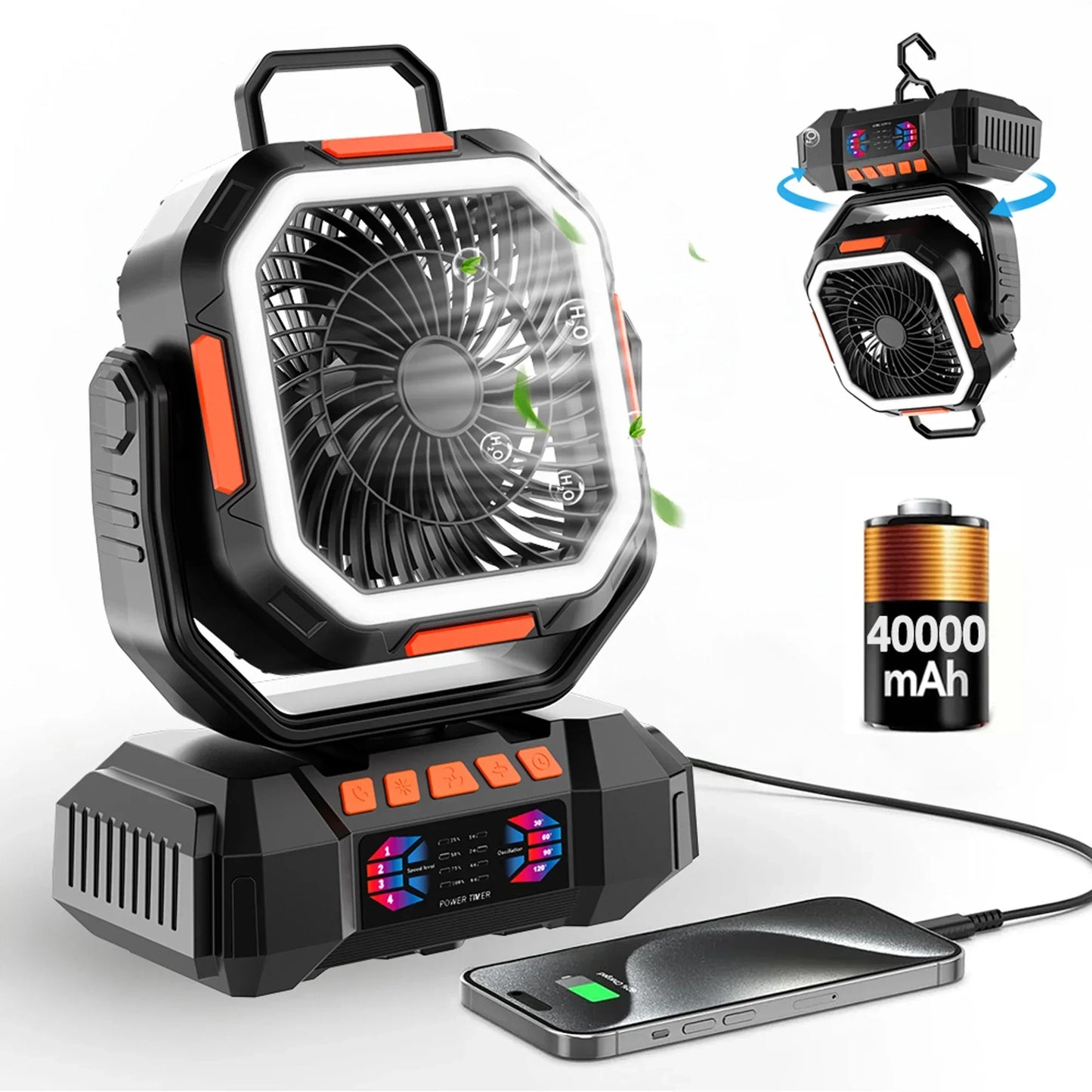 Loopstep | Wiederaufladbarer Campingventilator mit 40000mAh Akku & LED Laterne – F22