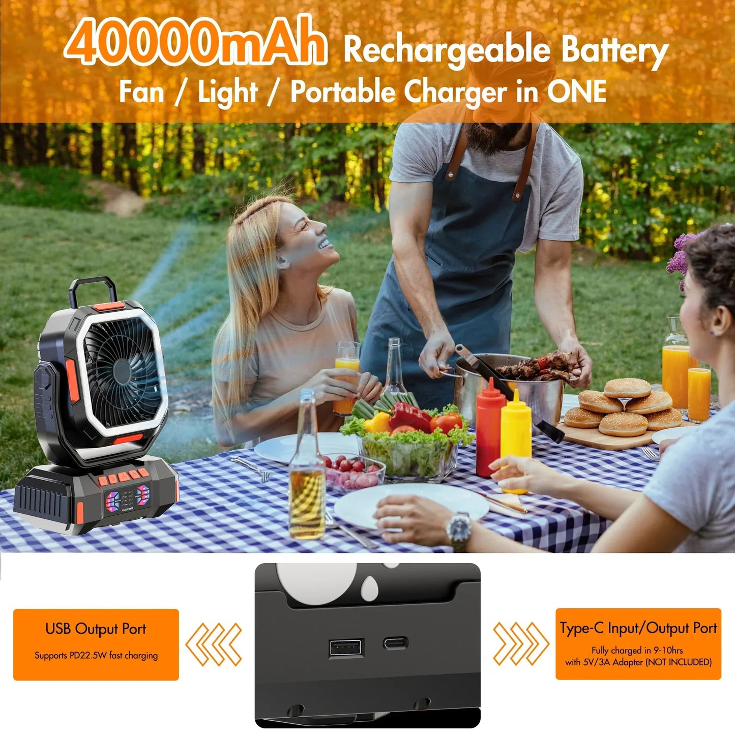 Loopstep | Wiederaufladbarer Campingventilator mit 40000mAh Akku & LED Laterne – F22