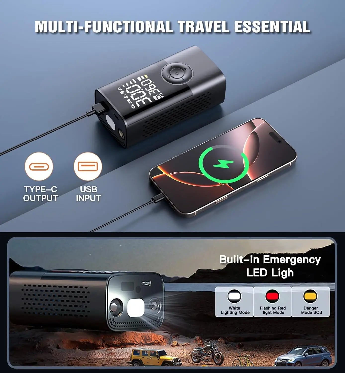 Loopstep™ Kabelloser Reifenfüllkompressor 150PSI, 4000mAh, LCD, USB-C