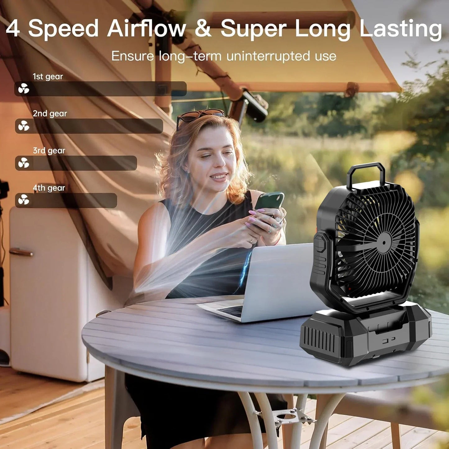 Loopstep | Wiederaufladbarer Campingventilator mit 40000mAh Akku & LED Laterne – F22