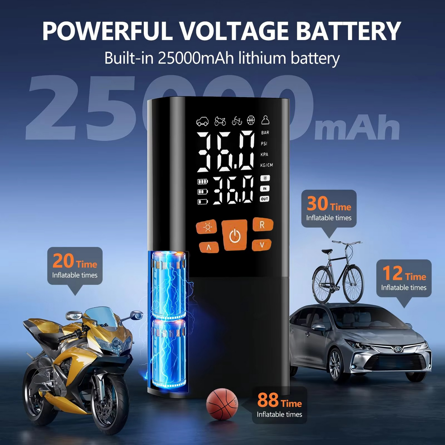 Loopstep | Tragbarer Reifenfüller Luftkompressor, 180 PSI Wiederaufladbare Pumpe mit 25000mAh Akku