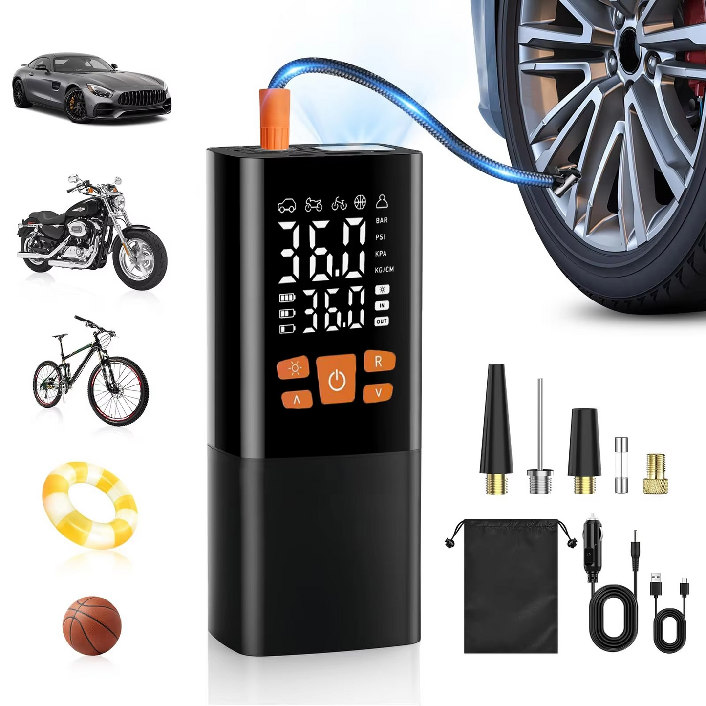 Loopstep | Tragbarer Reifenfüller Luftkompressor, 180 PSI Wiederaufladbare Pumpe mit 25000mAh Akku
